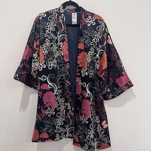 Chicos Midnight Floral Satin Kimono Size S/M Navy Pink  Cardigan